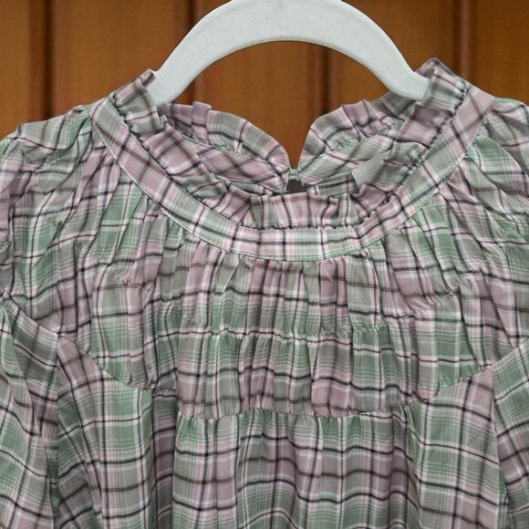 Ann Taylor Loft Ruffled Neck Plaid Long Sleeve Top in Sage & Lilac - Picture 3 of 3